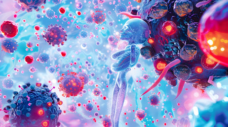 A woman is depicted in the center surrounded by a multitude of biological cells in a style of vibrant illustrations The colors violet and aquamarine dominate the scene and the effect of a disease on the human immune system is evident The illustrationの素材