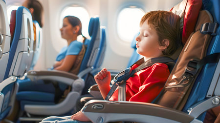 A young child sleeps soundly in their airplane seat surrounded by other passengers who watch over them with care and curiosity The scene is depicted in a soft-focus style with a color palette of light red and azure creating a soothing and safe atmospの素材