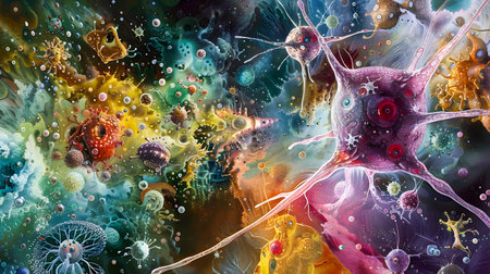 An artistic depiction of neuron cells and surrounding molecules in a style that blends colorful fantasy realism and psychedelic surrealism revealing the complexity and beauty of the inner world of the nervous systemの素材