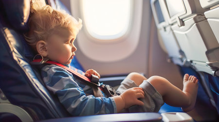 A young toddler sits in his mothers lap during an airplane flight surrounded by the dark azure and light amber colors of the aircrafts interior The child is sitting in a recliner looking out the window with a sleepy expression while the mother holdsの素材