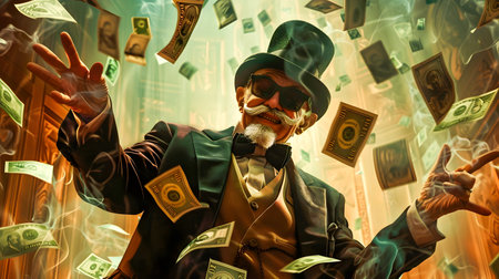 An old man in a hat and glasses frantically throwing money in a futuristic victorian style A rich man in a top hat is being chased by tons of money in the style of vray tracing An unbalanced rich man that throws money into the sky in the style of dieの素材