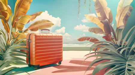 A red and orange suitcase sits against a backdrop of a tropical scene in the style of realistic and hyper-detailed renderings This digital illustration evokes feelings of vacation and travelの素材