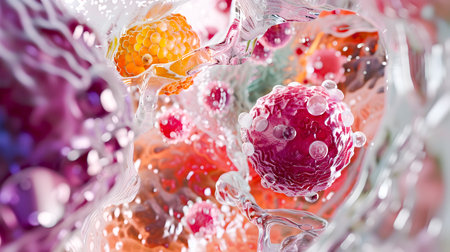 An animated image showcasing a detailed and vibrant depiction of water surrounding various types of fruit cells in the style of photorealistic fantasies and hyperrealism with close-up shots of cells covered in bubbles and hard surface modelingの素材