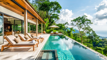 Experience relaxation in this tropical villa featuring a private pool with stunning ocean views and lush greenery designed in the style of mountainous vistas and himalayan artの素材