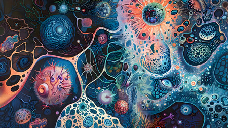 This psychedelic painting by Marvin Koo showcases the movement of different cells in a composition of blues and reds in the style of detailed scientific subjects The painting features a colorful pattern on a surface of other colored things with celluの素材