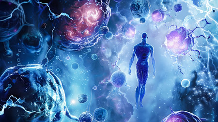 A depiction of new anti-aging technologies in a cosmic landscape of cells bacteria and human body partsの素材
