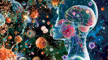 A detailed and unique artistic representation of a mans head filled with various cells and bacteria in the style of vivid dreamscapes and fantastical otherworldly visionsの素材