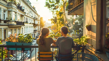 A romantic scene of a couple spending quality time together on a balcony admiring the beautiful colors of the sunset in the cityの素材
