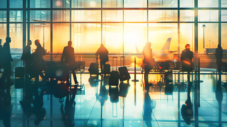 Image of people with luggage at an airport during sunset depicted in a restrained color palette style It shows the silhouettes of people waiting in the airport with a modern and chic aestheticの素材