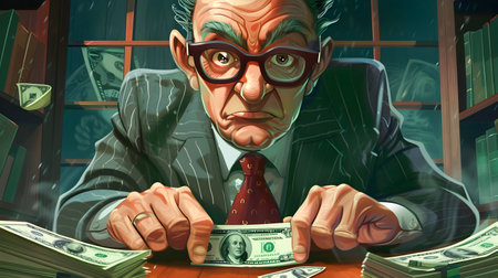 A character is depicted sitting at a desk with a stack of money in a computerized illustration in the style of graphic novel inspired art and pop culture caricaturesの素材