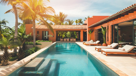 An infinity pool surrounded by palm trees in a villa with mesoamerican architecture perfect for a luxury vacationの素材