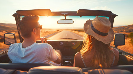 A young couple is sitting in the back seat of a convertible car looking into the distance as the sun sets in the background The style of the image conveys a sense of freedom joy and appreciation for the beautiful view Perfect for travel and leisure rの素材