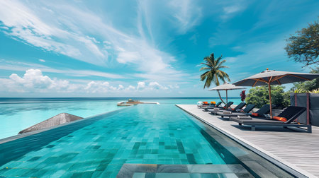 Experience tranquility and luxury at this stunning outdoor pool in the Maldives featuring lounge chairs palm trees and a beautiful sky-blue and azure color schemeの素材