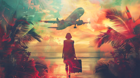 A woman is walking on a beach with a suitcase in one hand and an airplane is flying over the sea in the background in the style of exotic fantasy landscapesの素材