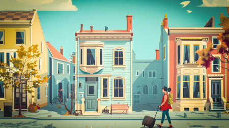 Stylish illustration of two women walking along a city street with suitcases in the vibrant style of 2D game art Perfect for travel or city life themesの素材