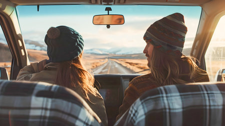 Two people traveling in a van enjoying the scenic view of the desert while on the highway The image is styled with teal and amber colors giving it a warm and inviting feelの素材