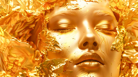 A stunning 8k 3D rendering of a womans face adorned with gold foil showcasing exceptional lighting and textures in a photorealistic fantasy styleの素材