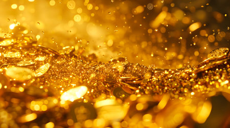 An image of golden coins in the style of confetti-like dots on the surface of a liquid droplet against a richly detailed UHD backgroundの素材