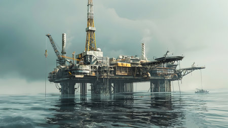 A hyper-detailed rendering of an oil platform in the middle of an ocean during a stormy day with heavy clouds covering the sky and a boat nearbyの素材