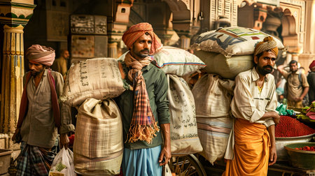 Real-life scene of three Indian men standing in a market in Jaipur India carrying bags of grain on their backs in the style of powerful and emotive portraiture showcasing the daily life and human condition in this developing countryの素材