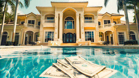 A depiction of a luxurious mansion with an outdoor pool filled with money capturing the essence of wealth and prosperityの素材
