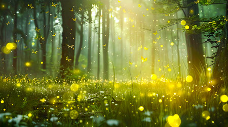 A stunning and realistic depiction of a forest filled with fireflies creating a magical and tranquil atmosphere in the mistの素材
