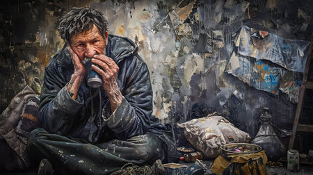 A painting of a destitute old man holding a plastic cigarette sitting on trash in a realistic hyper-detailed style reflecting the harsh realities of street life and povertyの素材