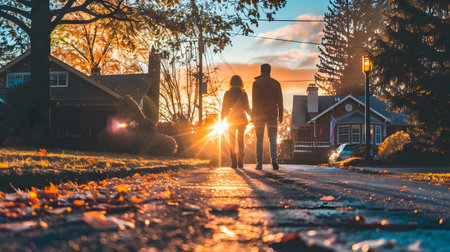 An illustration of two people walking home at sunset in the style of Cottagepunk A silhouette of a family walking down an autumn street in the style of Everyday Americana Chronicle A family walking down a quiet street in a fall night in the style ofの素材