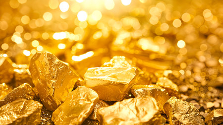 A digital art abstract still life image in UHD style featuring a pile of golden nuggets and gold flakes on a background with light shining on them in the style of bold yet gracefulの素材
