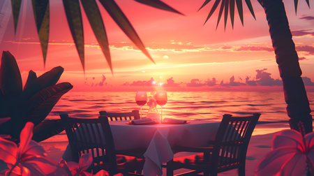 A beautifully set table at the ocean near palm trees in a darkly romantic illustration style perfect for a special occasion or a getaway to a tropical paradiseの素材