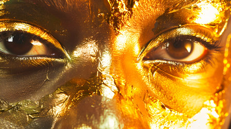 A close-up shot of a woman wearing a golden face mask taken in a studio setting with a vibrant and textured styleの素材