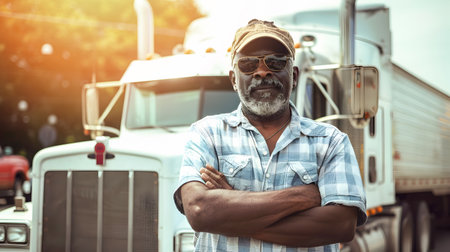 An african american man dressed in the style of grandparentcore standing next to a semi truck with his arms crossedの素材