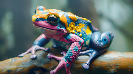 A painted blue red and pink frog sits on a branch with a vibrant color scheme and realistic textureの素材