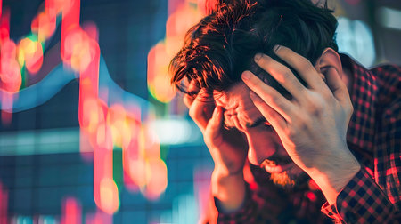 A worried man is depicted in front of a stock market chart expressing the stress and anxiety of the financial market in the style of emotional storytelling and data visualizationの素材