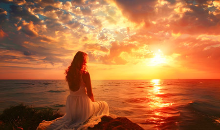 A young woman dressed in white is sitting on a rock by the ocean watching the sunset in a romantic and peaceful atmosphere The style is realistic yet romantic with dramatic landscapesの素材