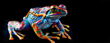 Vibrant and Colorful Frog or Amphibious Creature Showcases Intricate Patterns Textures and Pigmentation Against an Isolated Black Background in this and Digitalの素材