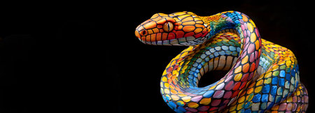 Captivating Painted Cobra   Vibrant Colorful Serpent Showcasing Exotic Scales and Patterns on a Striking Black Backgroundの素材