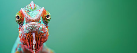 Closeup Portrait of Vibrant Colored Chameleon Reptile Using Long Tongue to Capture and Eat Grasshopper Prey on Lush Green Natural Backgroundの素材
