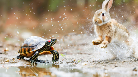 Playful Rabbit Chasing and Competing with Turtle Making Funny Facial Expressions in Forest Landscape with Water Splashesの素材