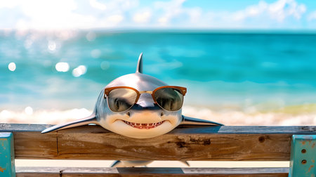 Friendly shark wearing sunglasses resting on a wooden bench with the beautiful blue ocean and sky in the background creating a whimsical and carefree summer sceneの素材