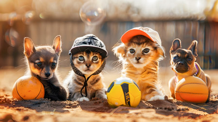 Adorable Pets Competing in Outdoor Sports Activities   Furry kittens and puppies playing with balls and toys in a natural outdoor setting showcasing their playful and athletic abilitiesの素材