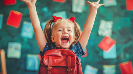 Cheerful and energetic schoolgirl with red backpack celebrating and expressing joy on happy school day  Bright and vibrant background with colorful school suppliesの素材