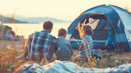 Family enjoying a camping holiday in a scenic outdoor landscape with a tent set up in the foreground and a picturesque natural setting in the background including mountains a lake and a sunset skyの素材