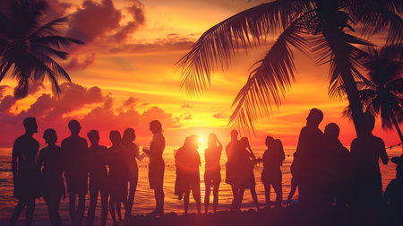 Silhouettes of a Lively Group of Friends Enjoying a Vibrant Sunset on a Picturesque Tropical Beachの素材