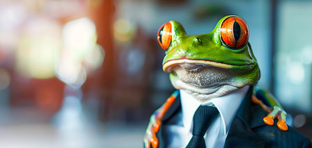 A captivating close up portrait of a tree frog dressed in a smart business suit and sunglasses set against a vibrant wide screen background with ample copy spaceの素材