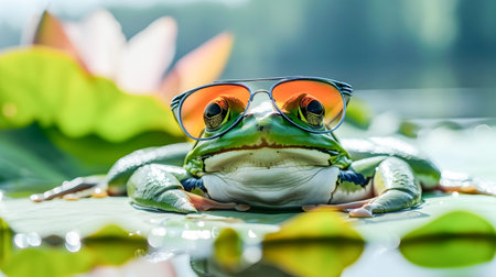 Close up of a small frog wearing sunglasses lounging comfortably on a bright green lotus leaf floating on the still waters of a tranquil pondの素材