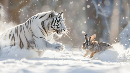 Powerful White Tiger Aggressively Chasing and Pursuing a Fleeing Wild Rabbit Through a Snowy Winter Forest Landscapeの素材