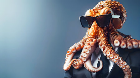 Fashionable Octopus Executive in Suit and Sunglasses Underwater Portrait   Conceptual image of a stylish and sophisticated marine creature dressed in business attire conveying ideas of leadershipの素材