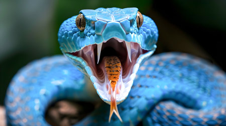 Ferocious Blue Viper Snake with Forked Tongue Baring Its Fangs in Defensive Posture   Threatening and Aggressive Reptilian Predator Poised to Strike in a Natural Forest Environmentの素材