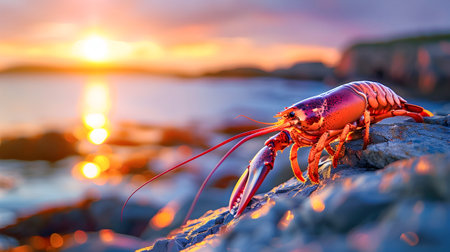 A vibrant  fiery sunset casts a warm glow over a lone crustacean  possibly a lobster  standing atop a rugged rock formation along the coastline  The sereneの素材